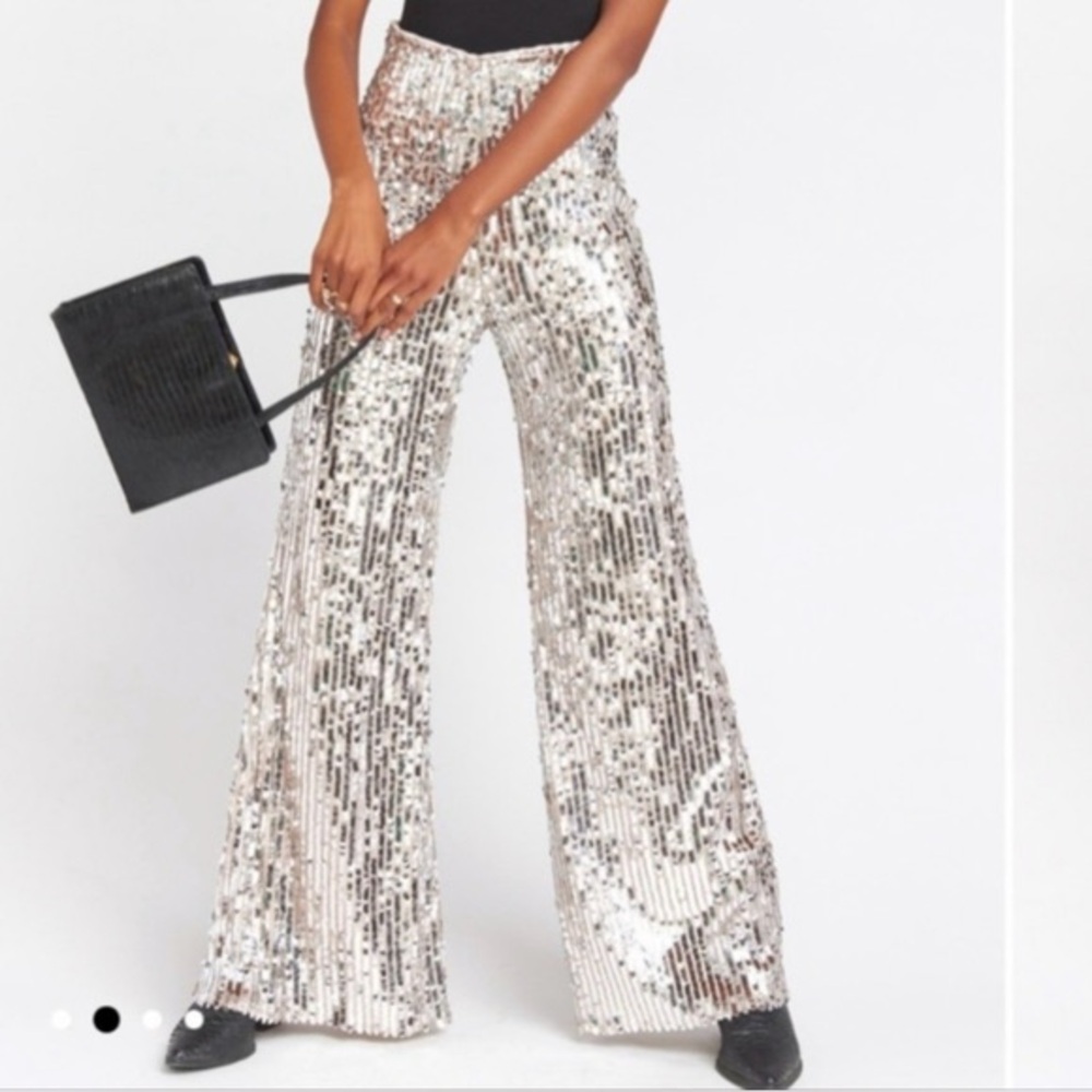 show me your mumu gretta pants in sequins silver Bell Bottom Flare Pants